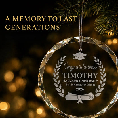 Laurel wreath cap and diploma personalized graduation Christmas ornament in K9 optical glass hanging on a lit tree, engraved with the graduate's name, school, degree and class year