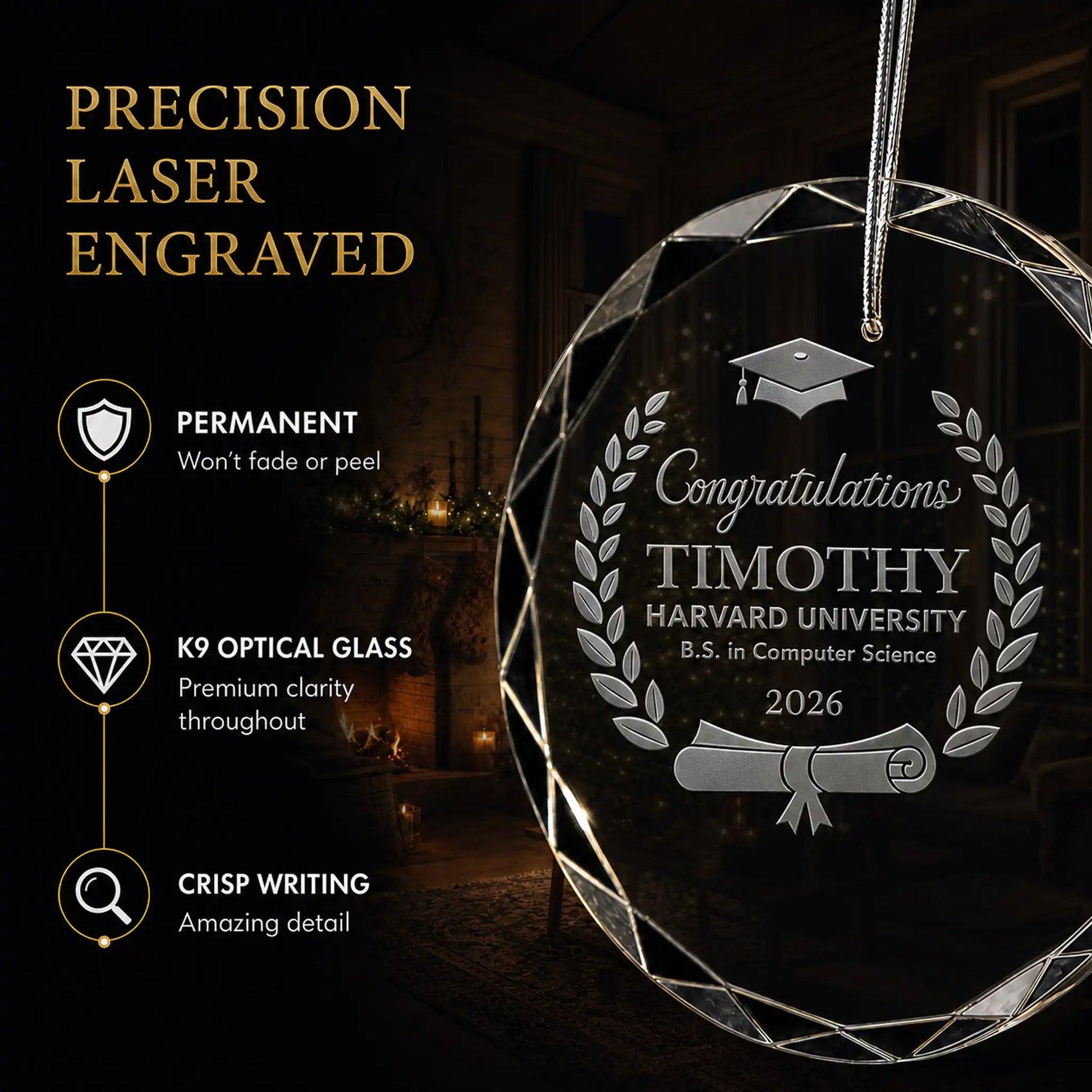 Close up of precision laser engraving on the laurel wreath cap and diploma custom graduation glass ornament, permanent lettering that will not fade or peel