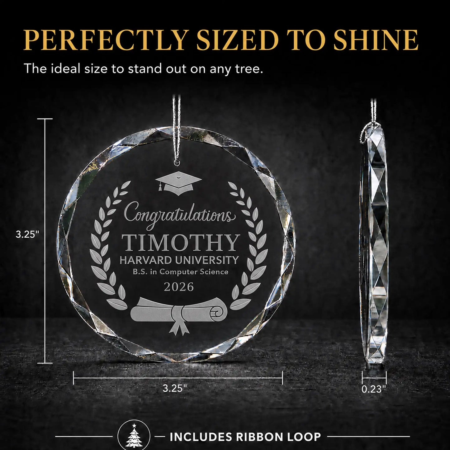 Size guide for the laurel wreath cap and diploma personalized graduation glass ornament, 3.25 inches tall by 3.25 inches wide and 0.23 inches thick