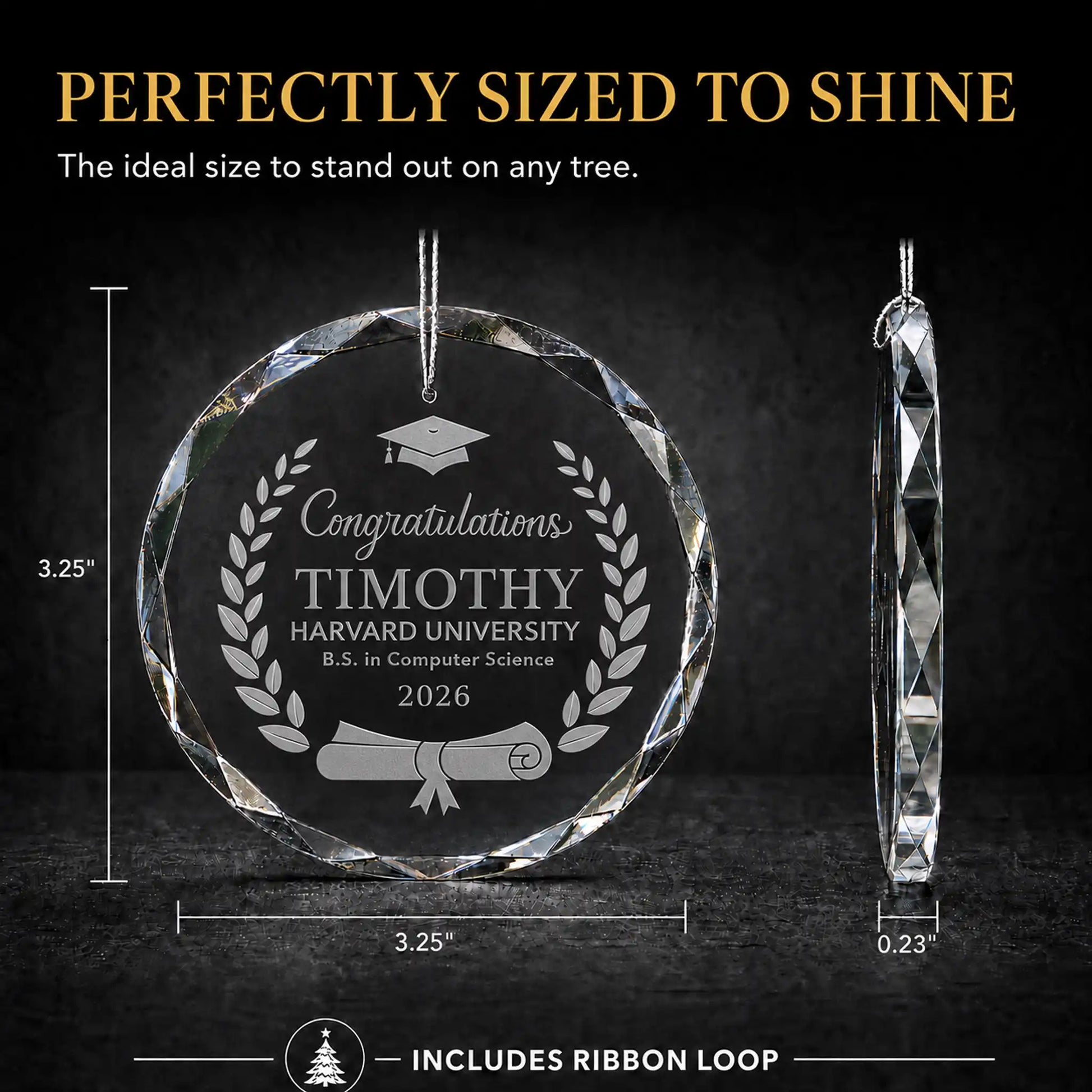 Size guide for the laurel wreath cap and diploma personalized graduation glass ornament, 3.25 inches tall by 3.25 inches wide and 0.23 inches thick