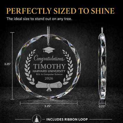 Size guide for the laurel wreath cap and diploma personalized graduation glass ornament, 3.25 inches tall by 3.25 inches wide and 0.23 inches thick