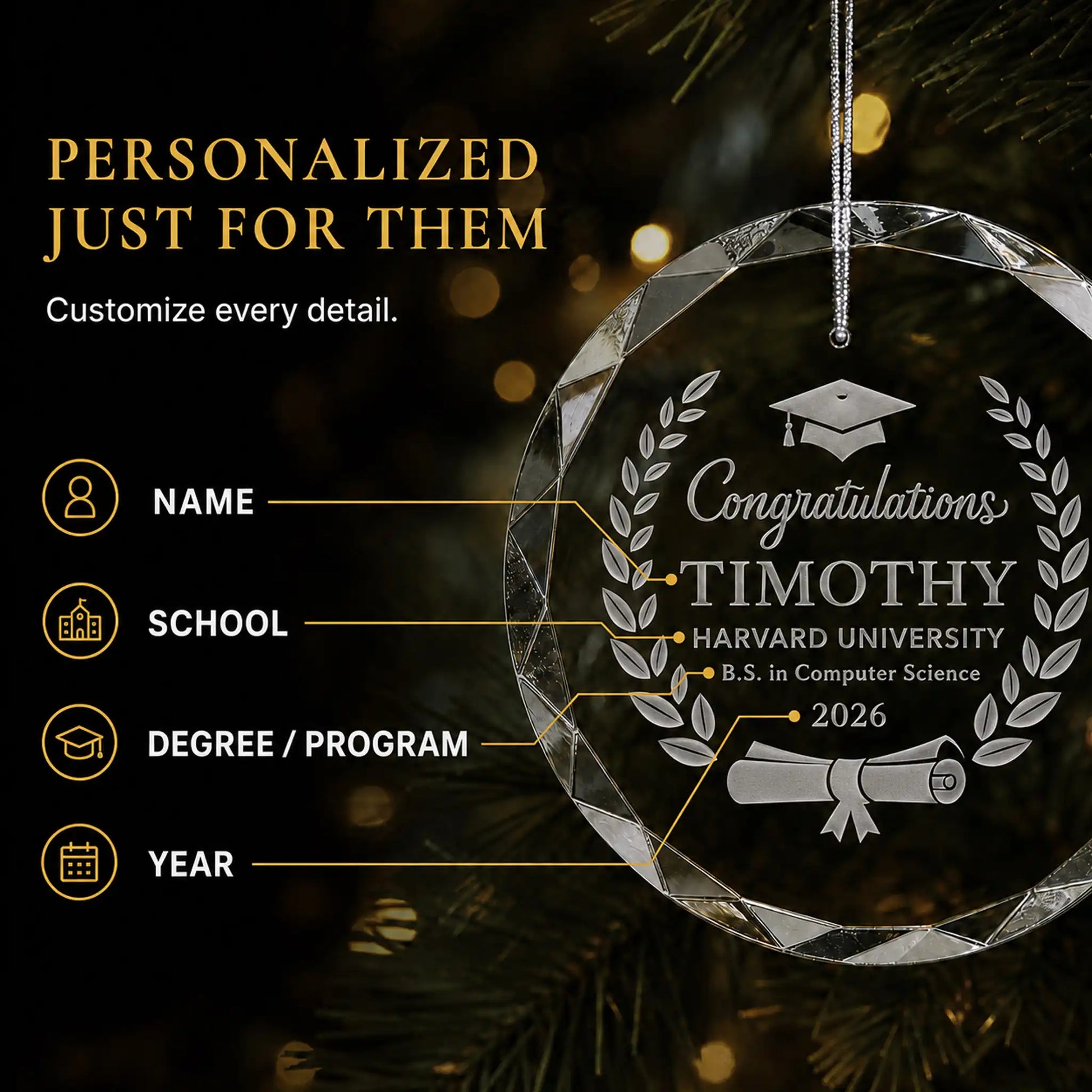 Personalization options on the laurel wreath cap and diploma graduation glass ornament, custom name, school, degree or program and class year laser engraved beneath Congratulations