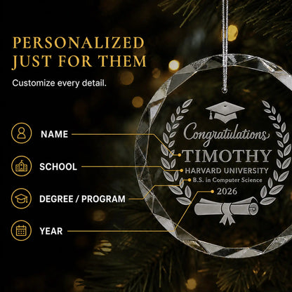 Personalization options on the laurel wreath cap and diploma graduation glass ornament, custom name, school, degree or program and class year laser engraved beneath Congratulations