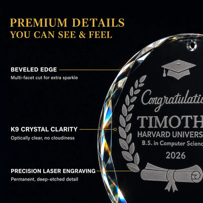 Beveled multi facet edge of the K9 optical glass graduation ornament, optically clear with deep etched permanent laser engraving