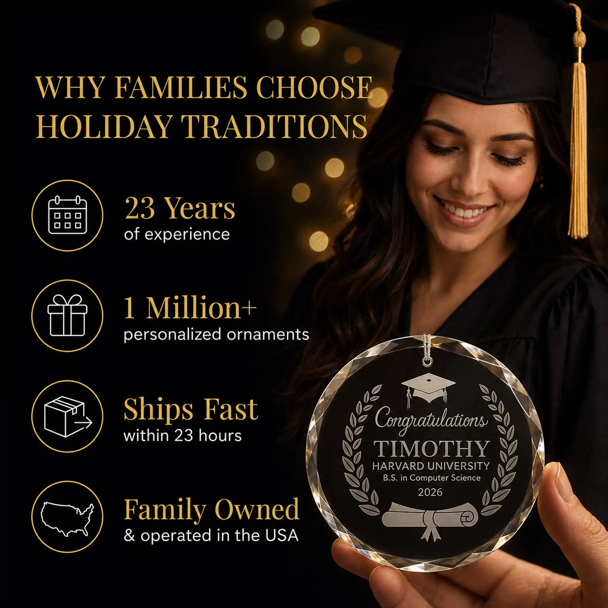 Graduate in cap and gown holding her laurel wreath cap and diploma personalized glass ornament, Holiday Traditions is family owned in the USA and ships within 23 hours
