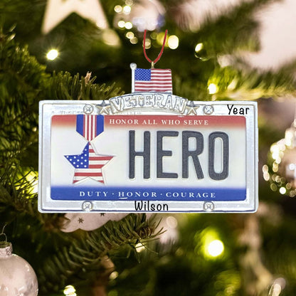 J8615 Personalized Veteran Hero License Plate Christmas Ornament