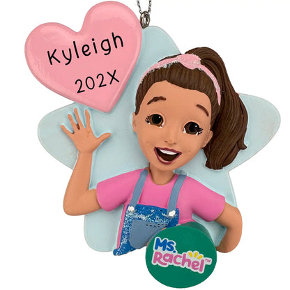 Personalized Ms. Rachel licensed ornament wearing overalls and a heart-shaped area for customization