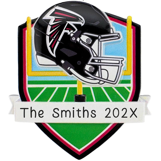Atlanta Falcons personalized Christmas ornament with team helmet over goal post and laser-engraved banner