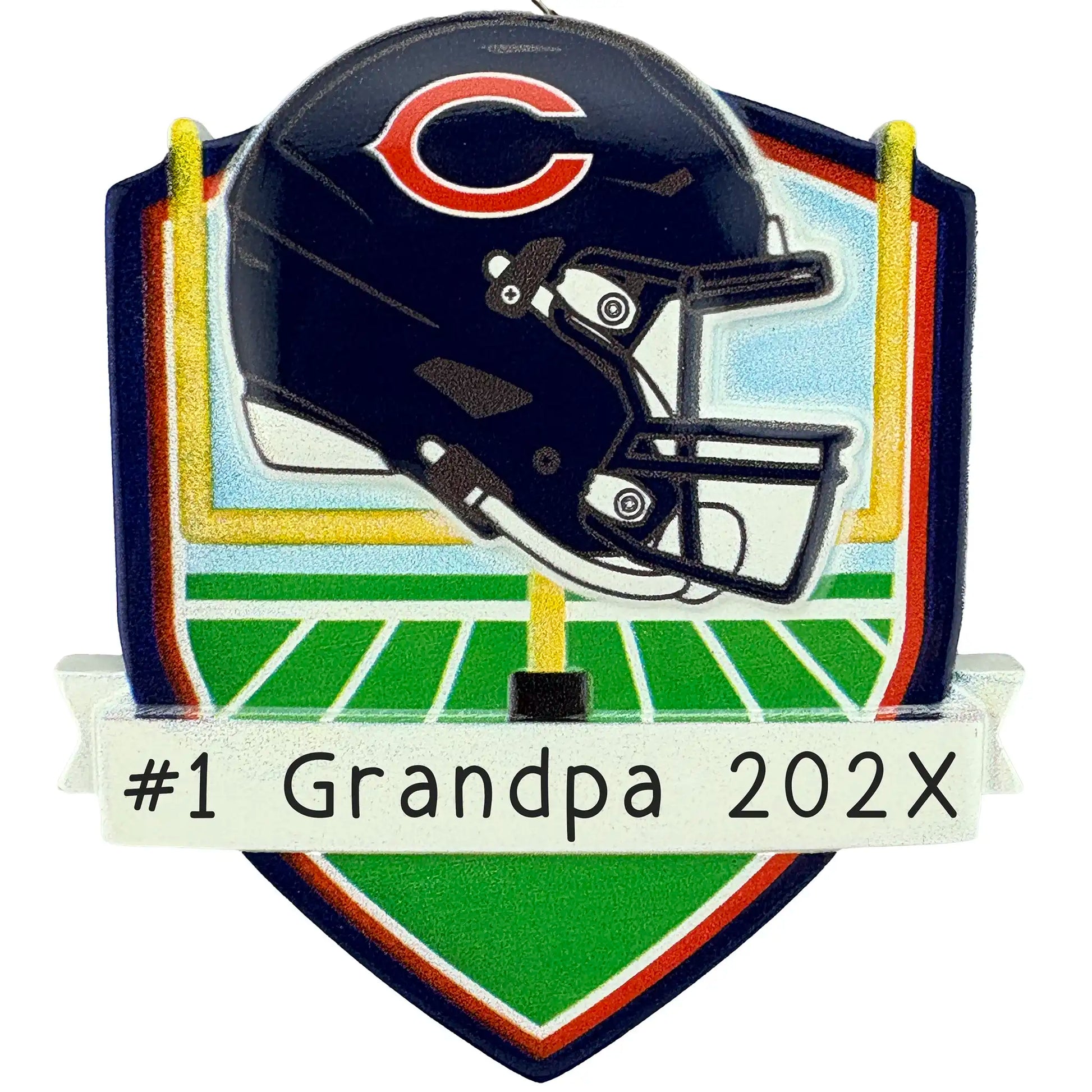 Chicago Bears personalized Christmas ornament with team helmet over goal post and laser-engraved banner