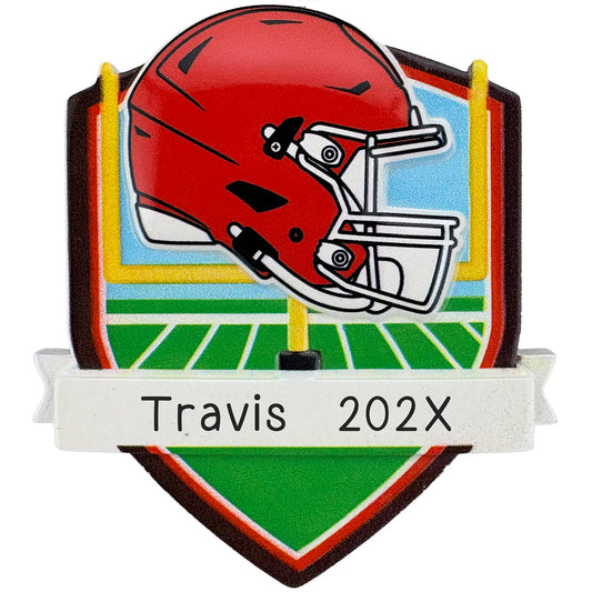 Cleveland Browns personalized Christmas ornament with team helmet over goal post and laser-engraved banner