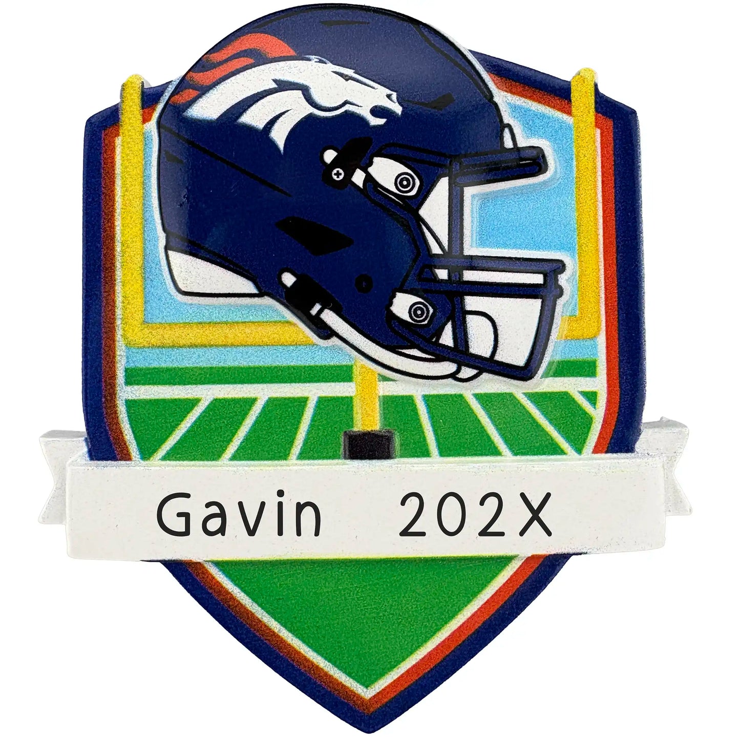Denver Broncos personalized Christmas ornament with team helmet over goal post and laser-engraved banner