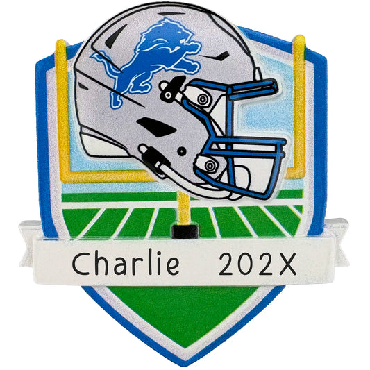 Detroit Lions personalized Christmas ornament with team helmet over goal post and laser-engraved banner