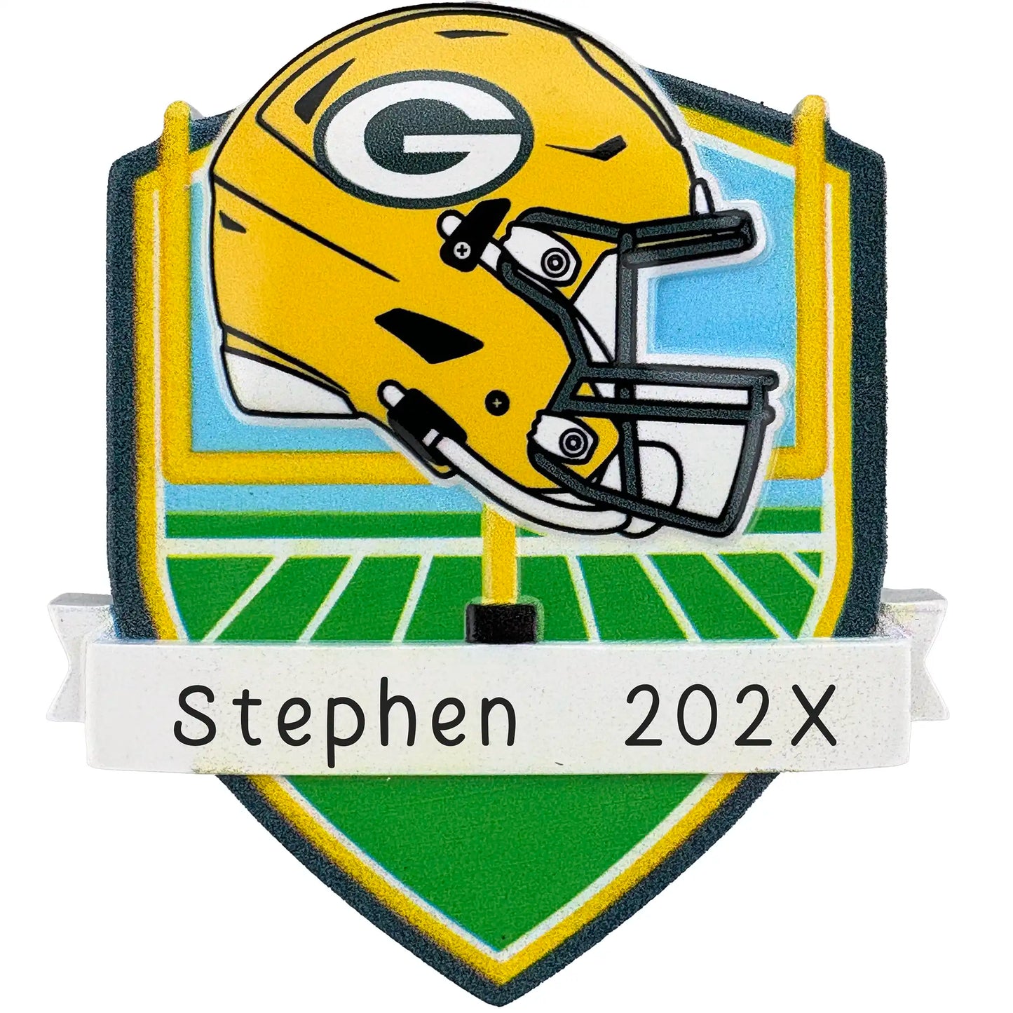 Green Bay Packers personalized Christmas ornament with team helmet over goal post and laser-engraved banner