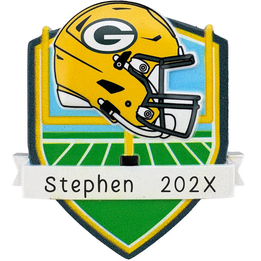 Green Bay Packers personalized Christmas ornament with team helmet over goal post and laser-engraved banner