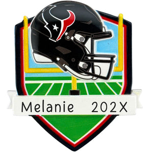 Personalized Houston Texans Christmas ornament with the Texans helmet over a football field and yellow goal posts, and a laser engraved name banner