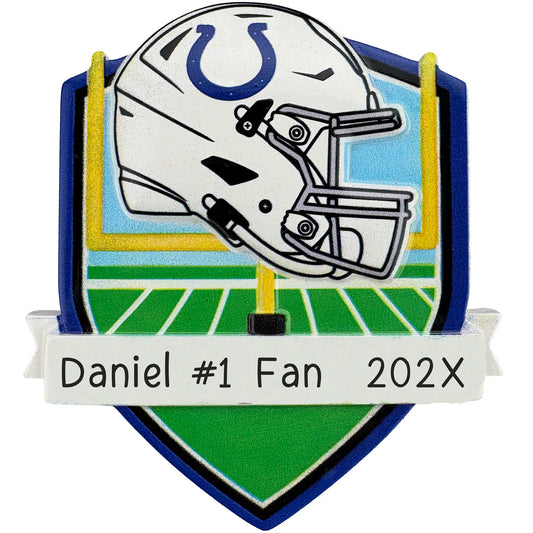 Indianapolis Colts personalized Christmas ornament with team helmet over goal post and laser-engraved banner