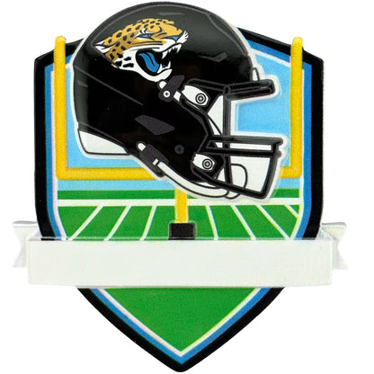 Black Jacksonville Jaguars football helmet with team logo on a decorative plaque with field design