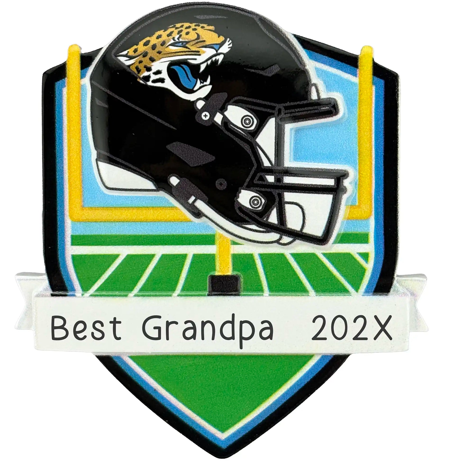 Jacksonville Jaguars personalized Christmas ornament with team helmet over goal post and laser-engraved banner