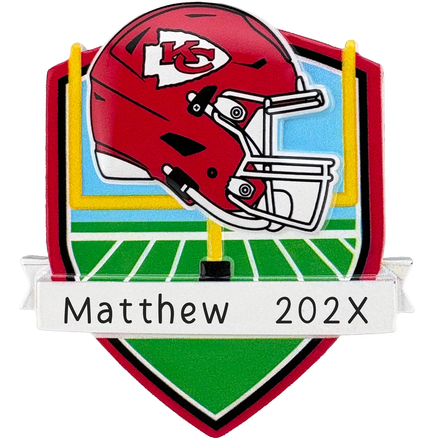 Kansas City Chiefs personalized Christmas ornament with team helmet over goal post and laser-engraved banner