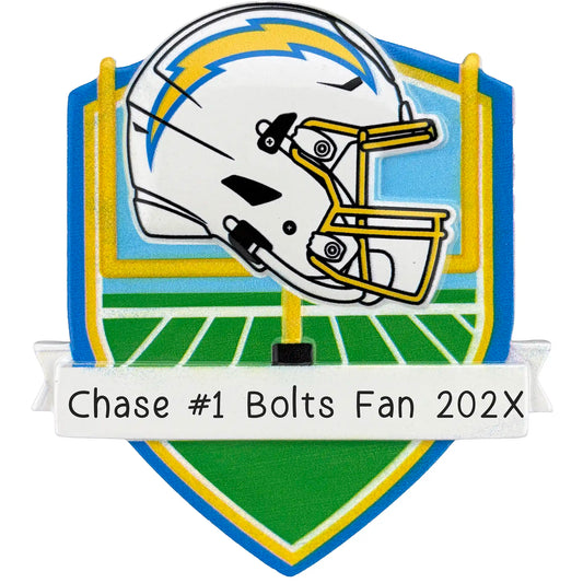 Los Angeles Chargers personalized Christmas ornament with team helmet over goal post and laser-engraved banner