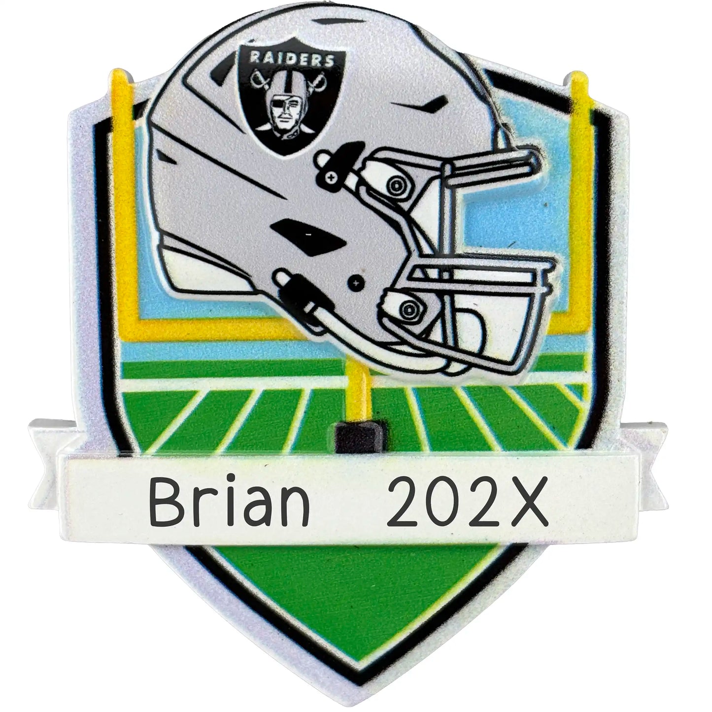 Las Vegas Raiders personalized Christmas ornament with team helmet over goal post and laser-engraved banner