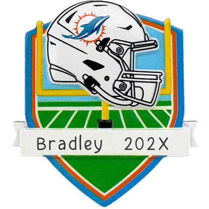 Miami Dolphins personalized Christmas ornament with team helmet over goal post and laser-engraved banner