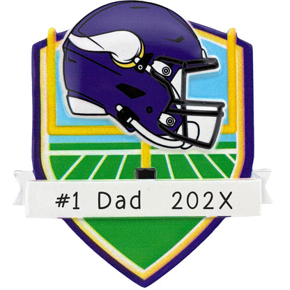 Minnesota Vikings personalized Christmas ornament with team helmet over goal post and laser-engraved banner