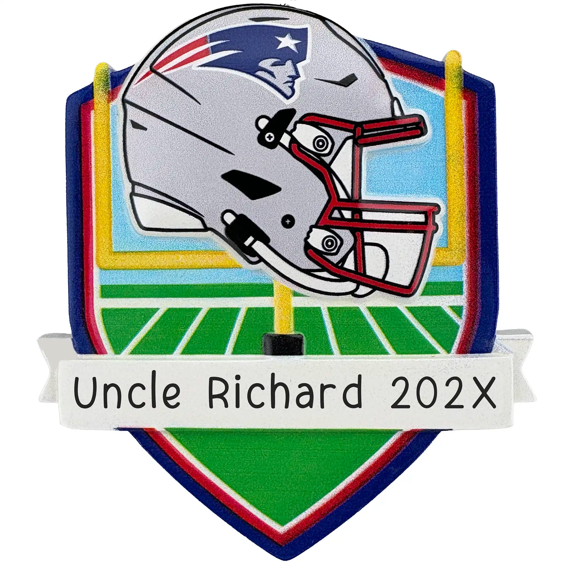 New England Patriots personalized Christmas ornament with team helmet over goal post and laser-engraved banner
