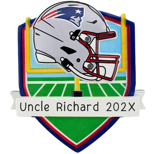 New England Patriots personalized Christmas ornament with team helmet over goal post and laser-engraved banner