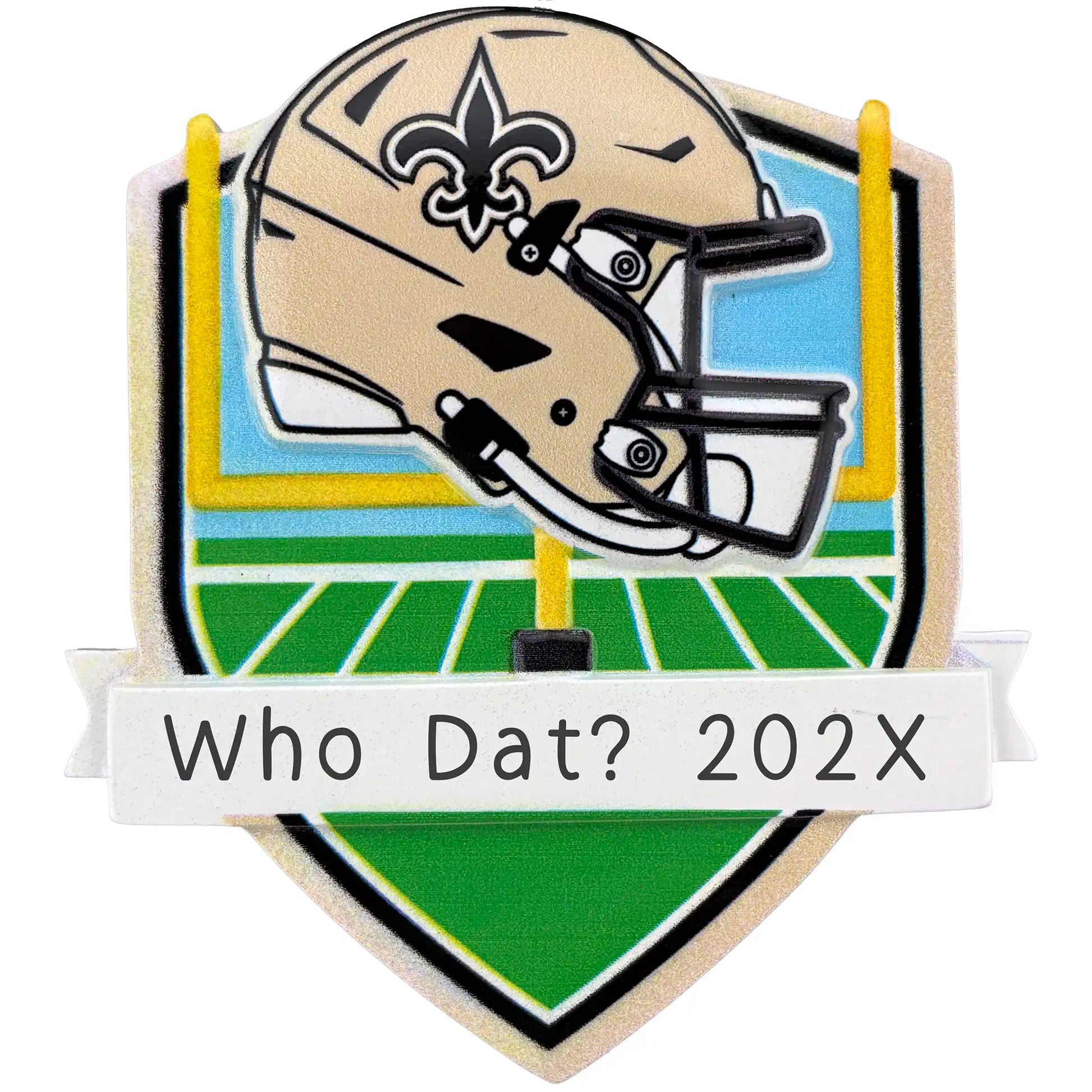 New Orleans Saints personalized Christmas ornament with team helmet over goal post and laser-engraved banner