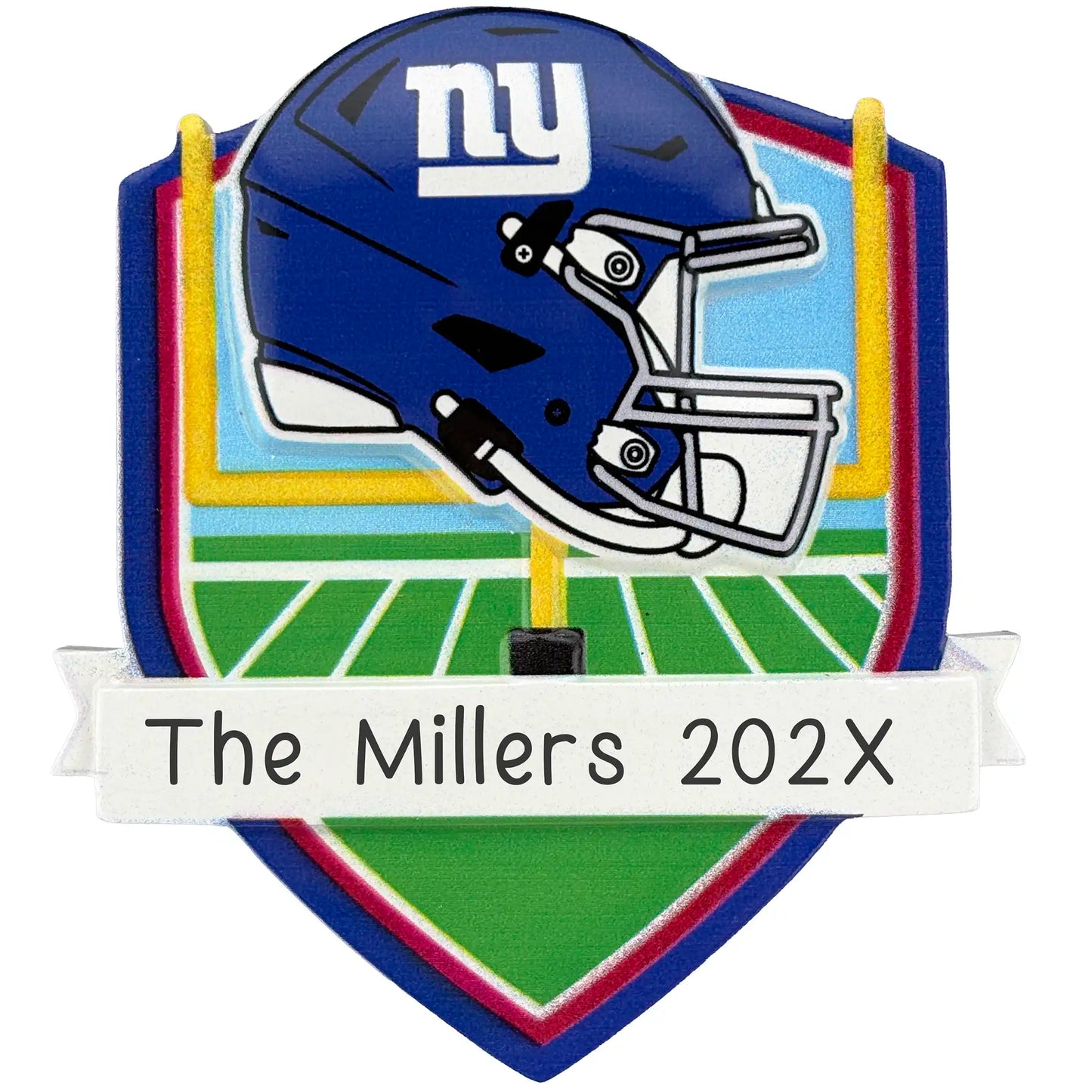 New York Giants personalized Christmas ornament with team helmet over goal post and laser-engraved banner