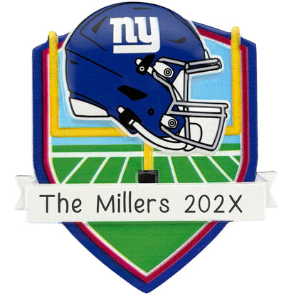 New York Giants personalized Christmas ornament with team helmet over goal post and laser-engraved banner