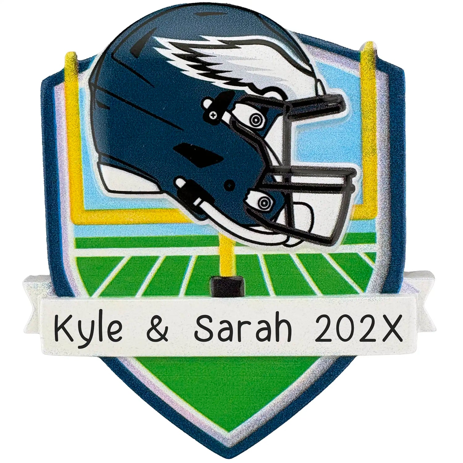 Philadelphia Eagles personalized Christmas ornament with team helmet over goal post and laser-engraved banner
