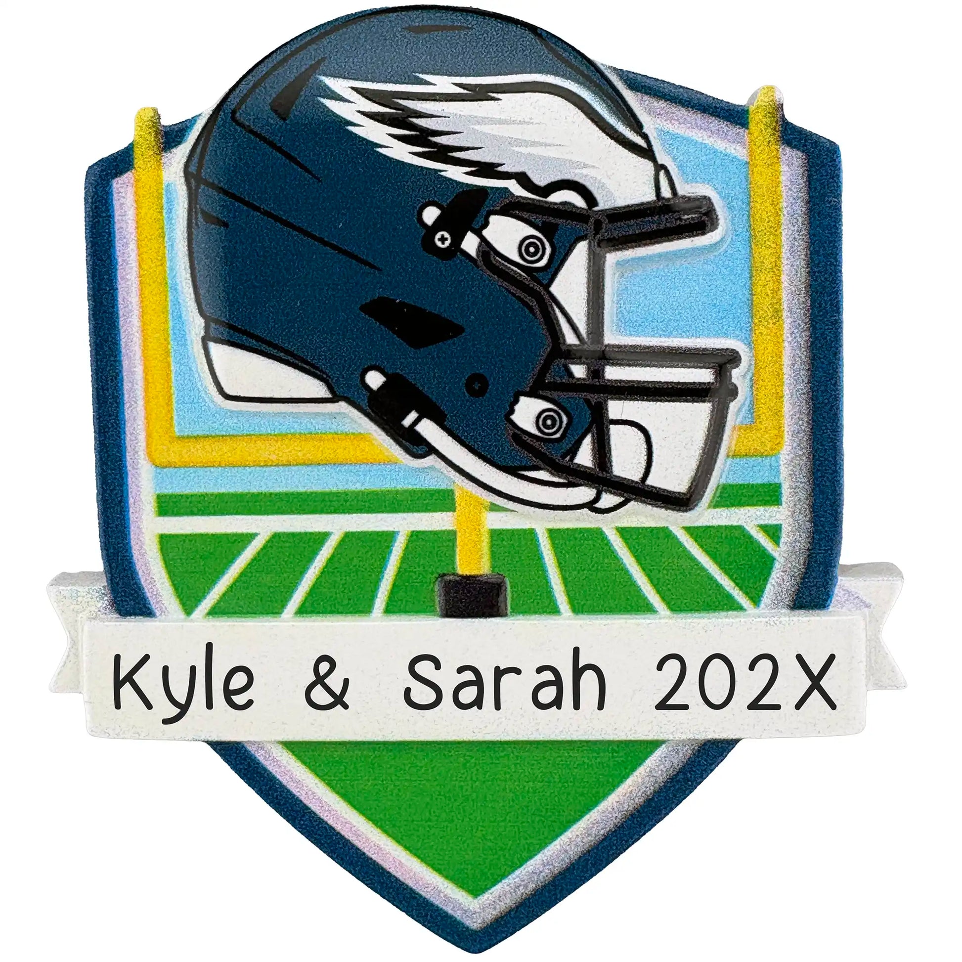 Philadelphia Eagles personalized Christmas ornament with team helmet over goal post and laser-engraved banner