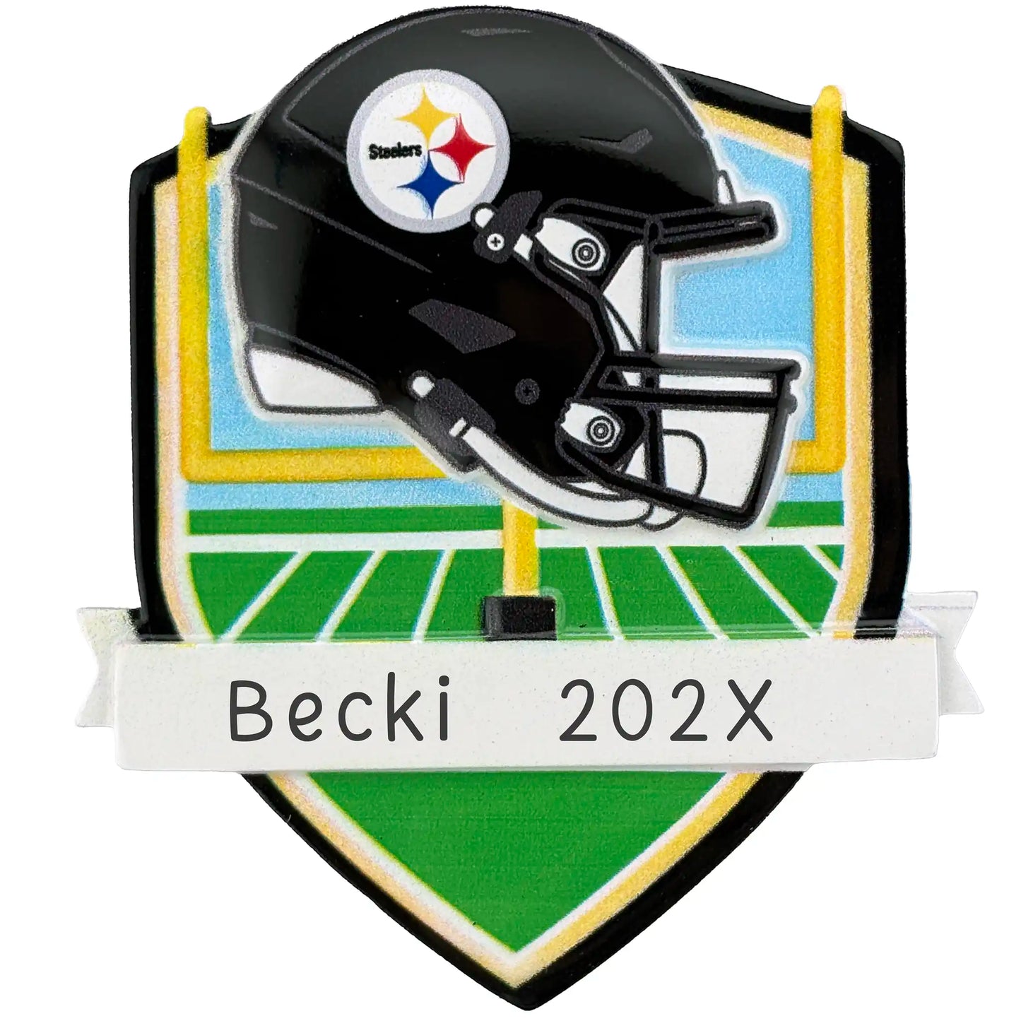 Pittsburgh Steelers personalized Christmas ornament with team helmet over goal post and laser-engraved banner