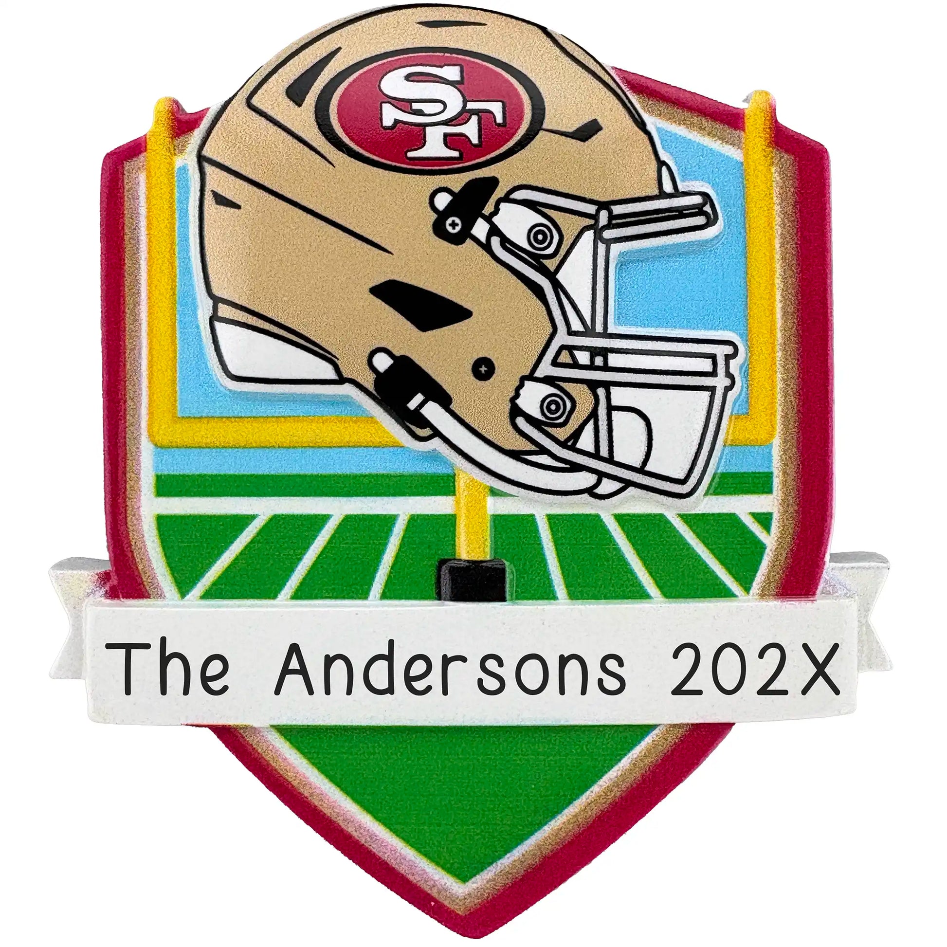 San Francisco 49ers personalized Christmas ornament with team helmet over goal post and laser-engraved banner