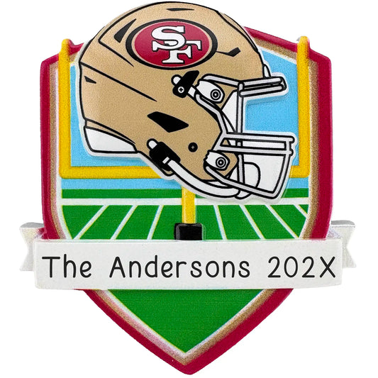 San Francisco 49ers personalized Christmas ornament with team helmet over goal post and laser-engraved banner