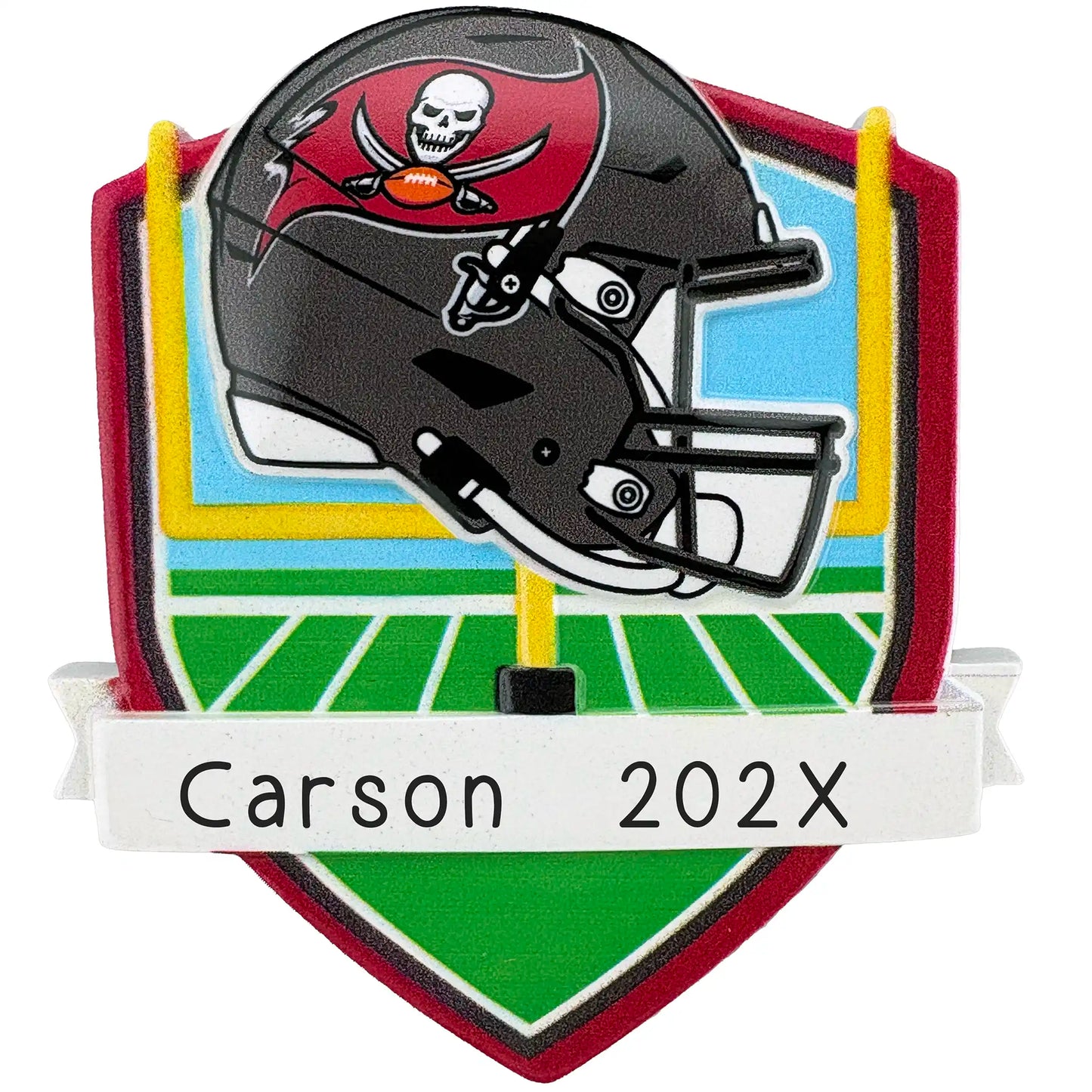 Tampa Bay Buccaneers personalized Christmas ornament with team helmet over goal post and laser-engraved banner