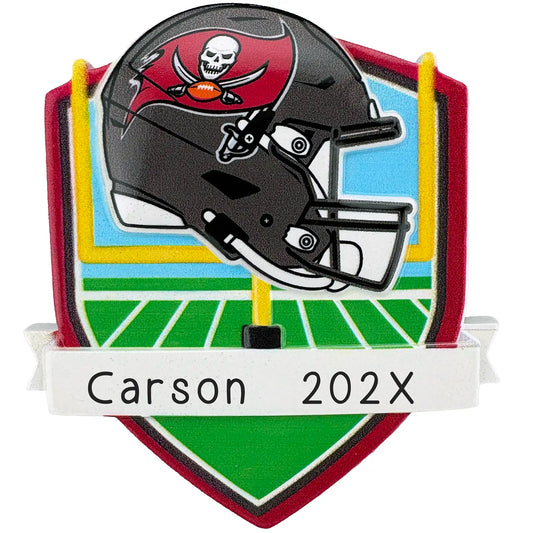 Tampa Bay Buccaneers personalized Christmas ornament with team helmet over goal post and laser-engraved banner