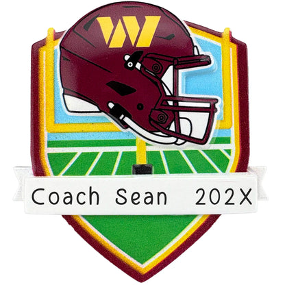 Washington Commanders personalized Christmas ornament with team helmet over goal post and laser-engraved banner