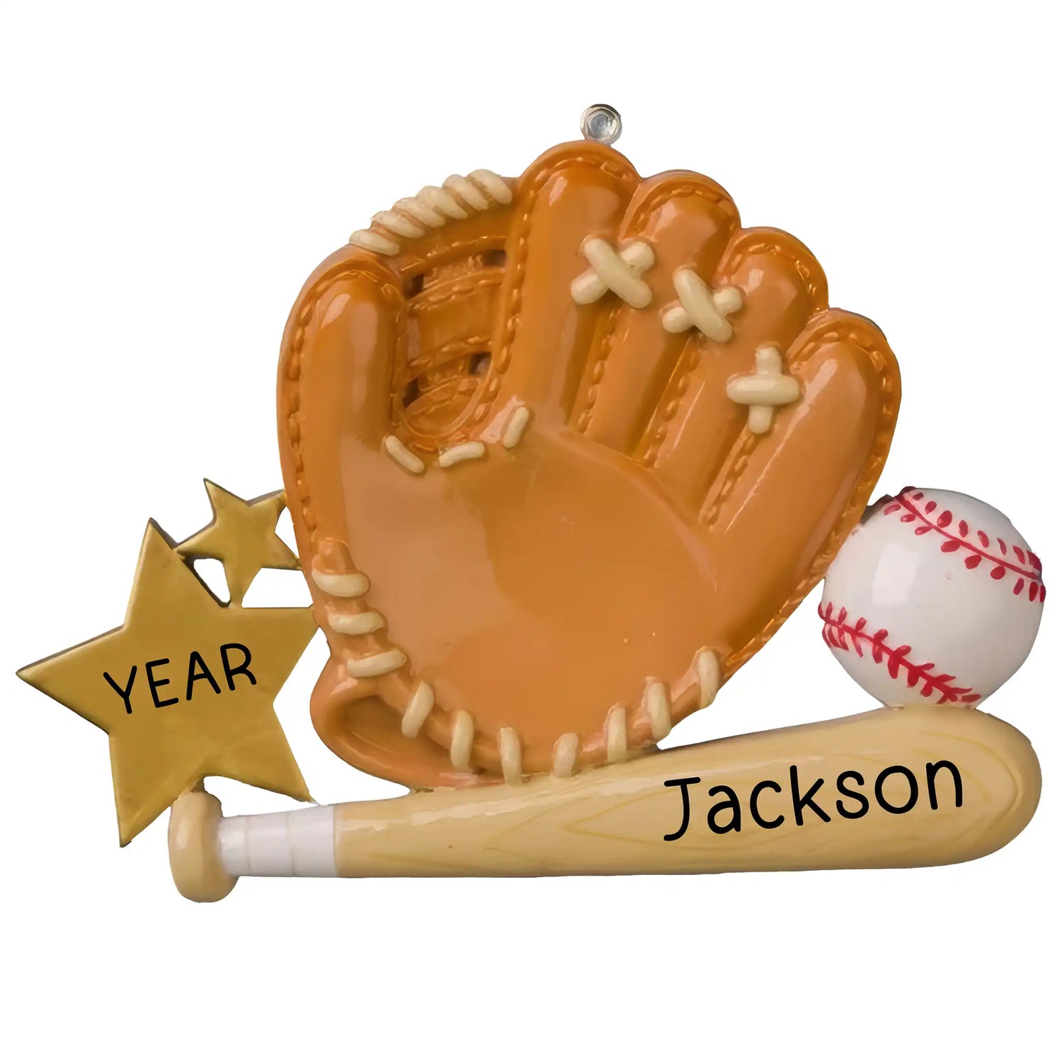 A personalized Christmas ornament featuring a brown leather baseball glove, a white baseball, and the name 'Jackson' with a star and the year '2024' on it.