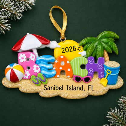 Personalized beach fun christmas ornament on a dark green pine background