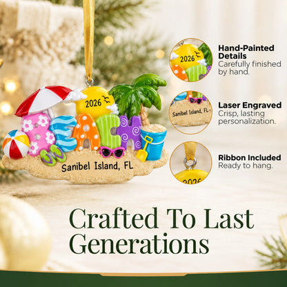 Hand-painted details and laser engraved personalization on the beach fun christmas ornament, ribbon included