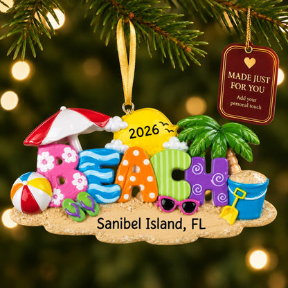 Beach fun christmas ornament hanging on a lit Christmas tree with a Made Just For You gift tag