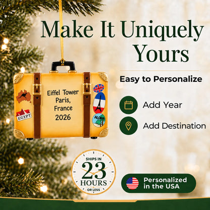 Make it yours: add year and destination to the personalized tan travel suitcase christmas ornament