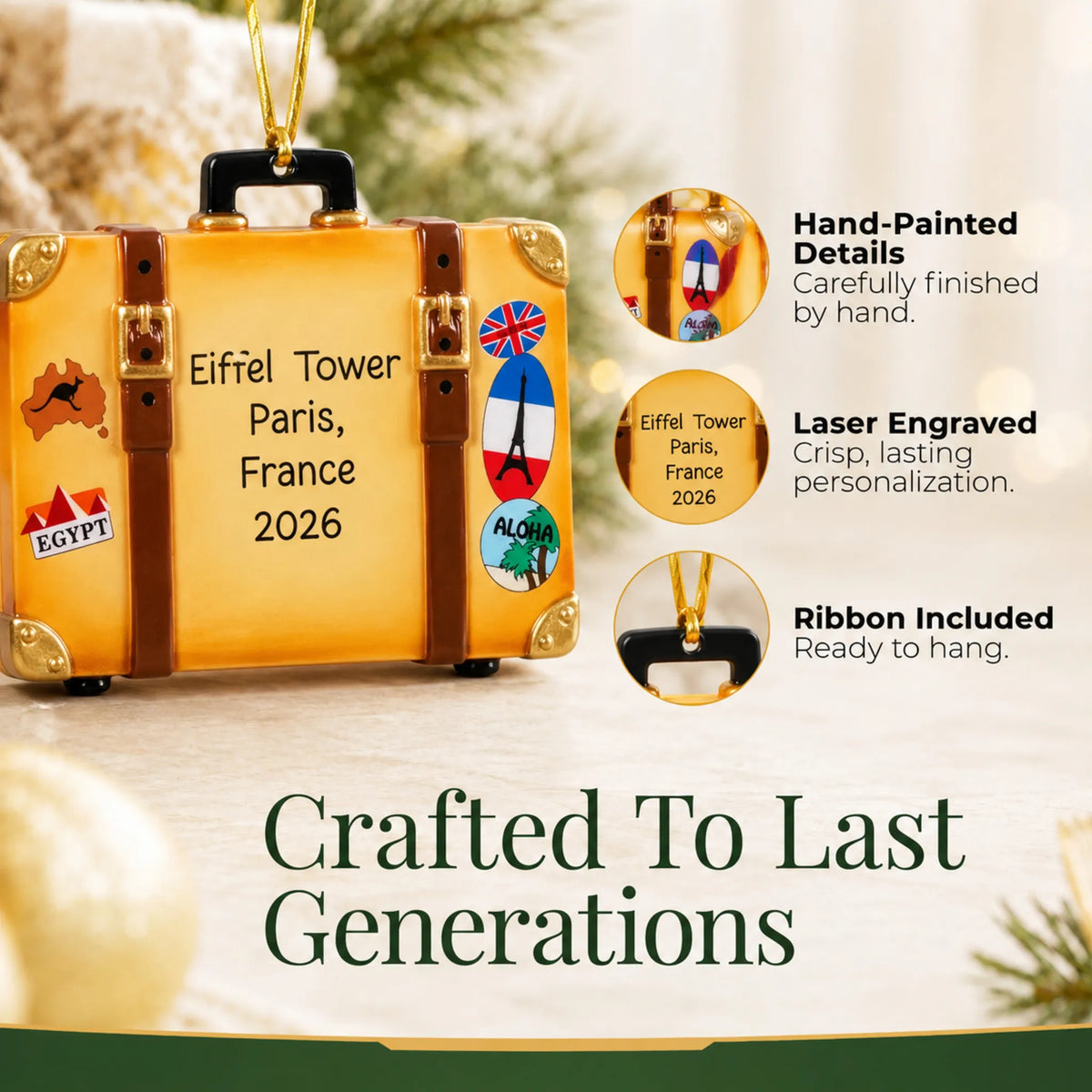 Hand-painted details and laser engraved personalization on the tan travel suitcase christmas ornament, ribbon included