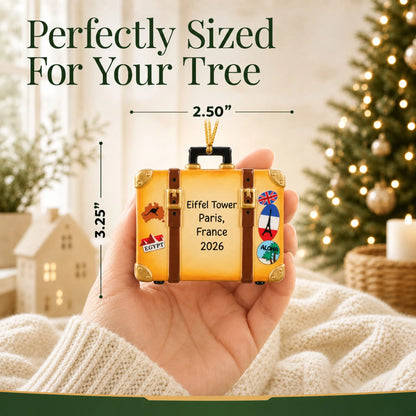 Size guide: the personalized tan travel suitcase christmas ornament is 2.50 in wide by 3.25 in tall, shown in hand