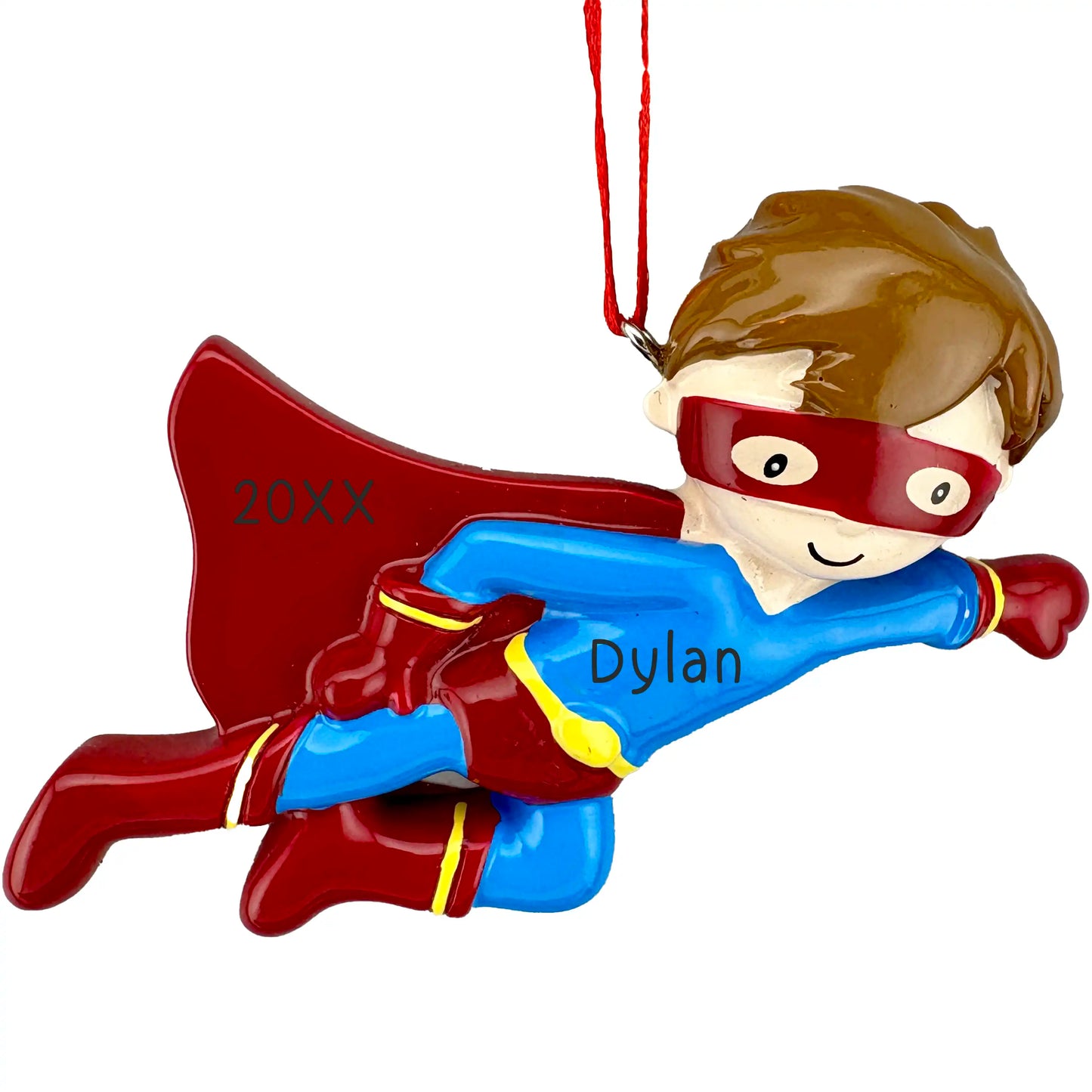 Personalized superhero ornament for boys in red and blue costume with custom name and year