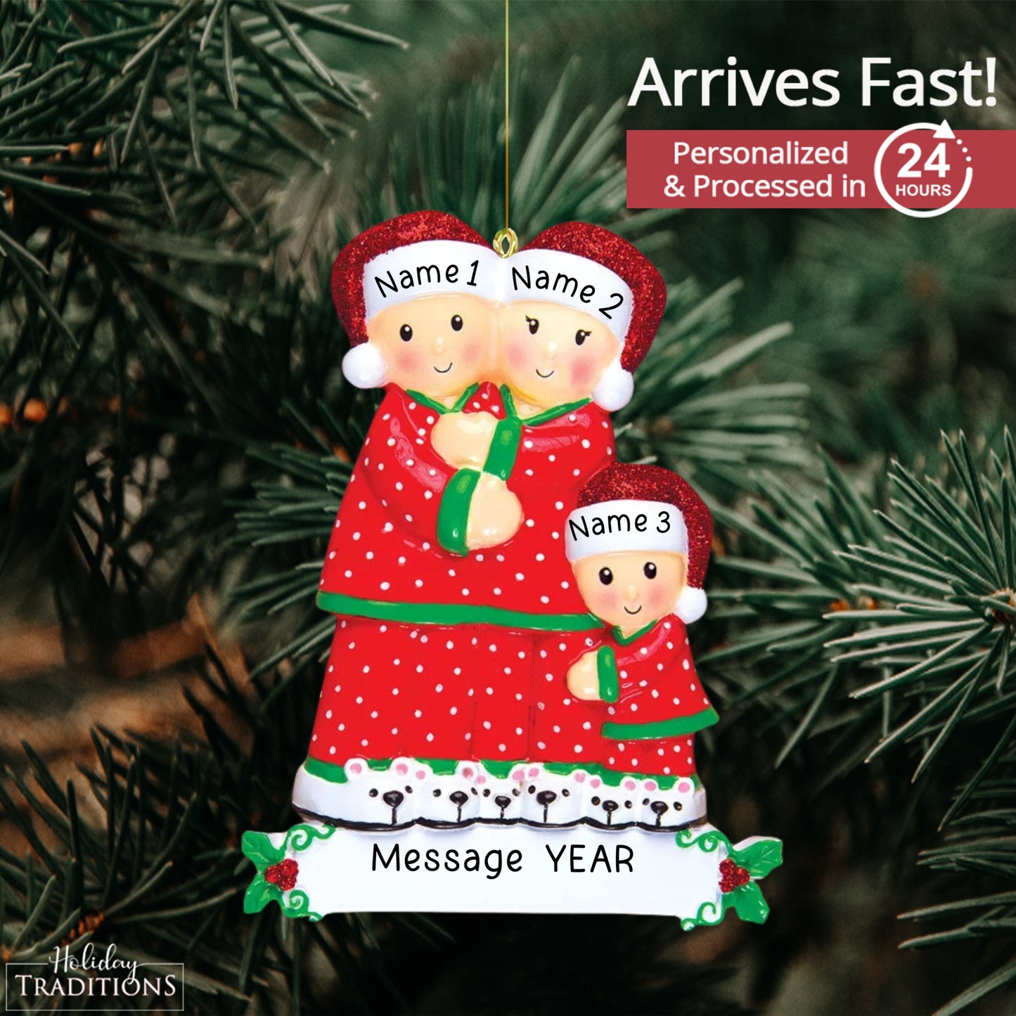 Pajama Family of 3 Christmas Ornament