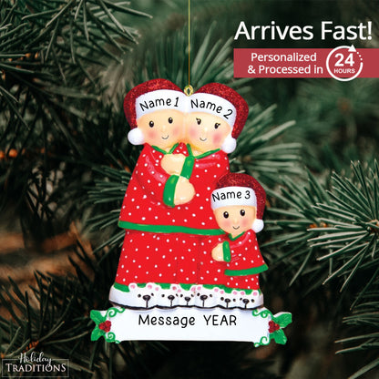 Pajama Family of 3 Christmas Ornament